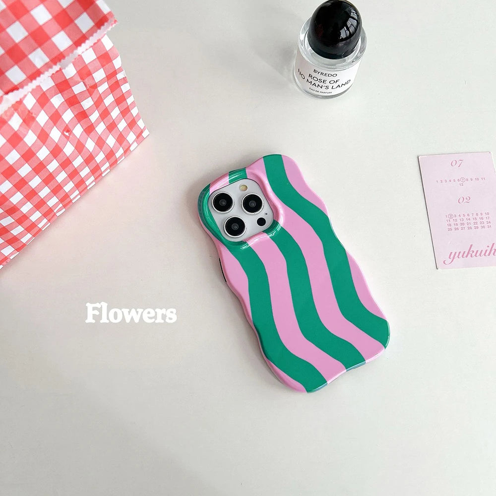 Fashion 2 in 1 Glossy Stripes Phone Case for iPhone 13 14 15 16 17 Pro Max Wave Edges Comfortable Touch Hard Slim Back Cover - Ice Cream Cake
