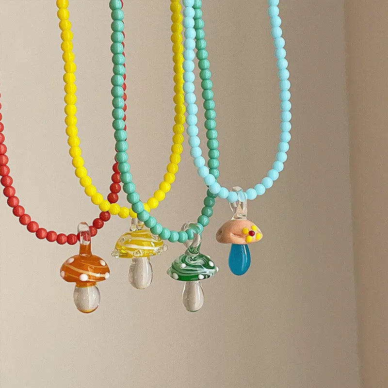 Beaded Mushroom Charm Necklace