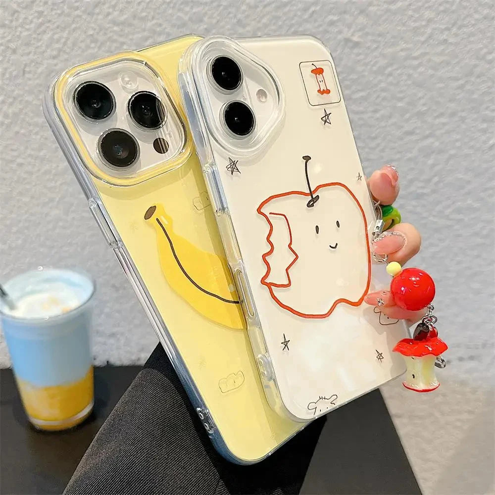 Funny Bite Apple Banana Phone Case For iPhone 11 12 13 14 15 16 17 Pro Max 16E 17Air 7 8 Plus Cute Fruit Pendant keychain Cover - Ice Cream Cake