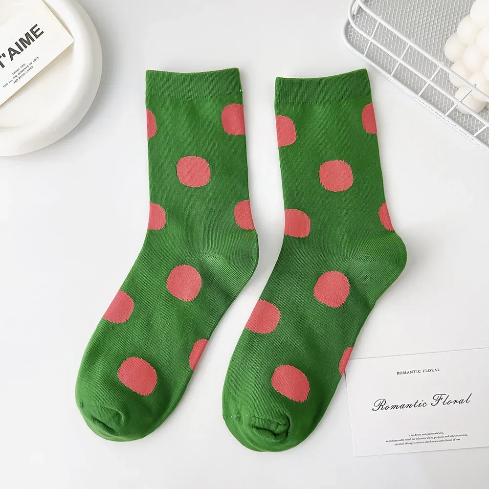 5 Pairs Comfort Rainbow Polka Dot Socks Casual Japanese Dot Sweat Retro Modern Women Mid tube Sweet Style Skin Friendly Sweat - Ice Cream Cake