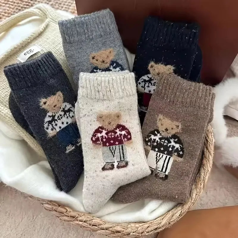 Stylish Teddy Bear Crew Socks, Set of 5