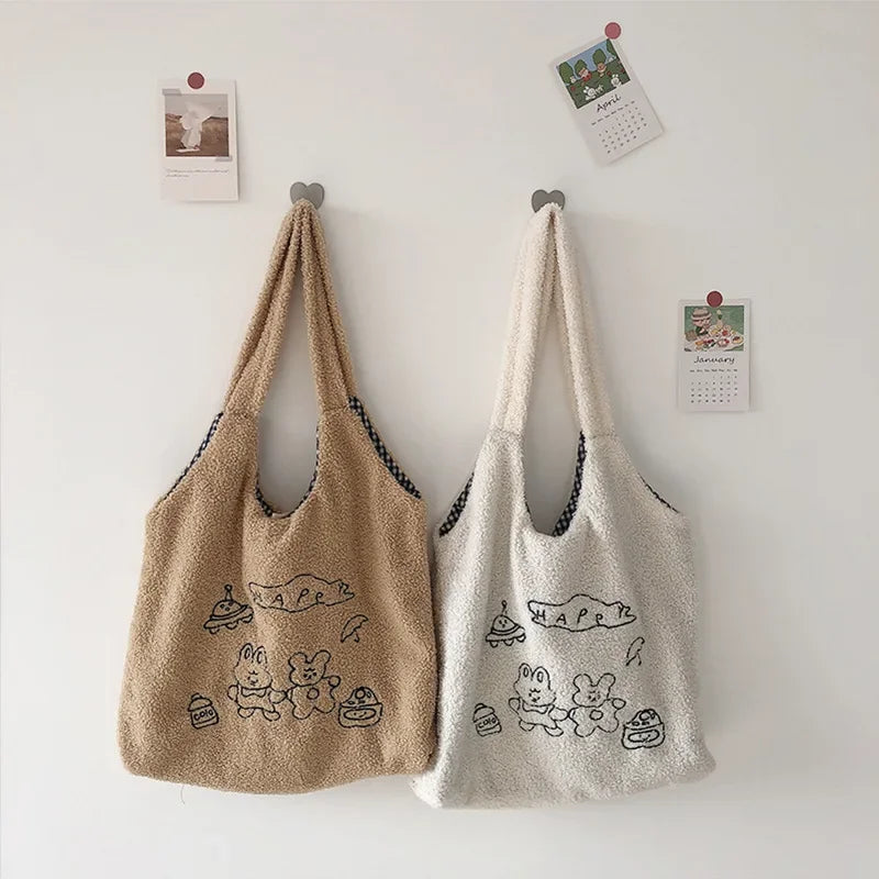 Teddy Fur Tote with Bunny Friends Embroidery