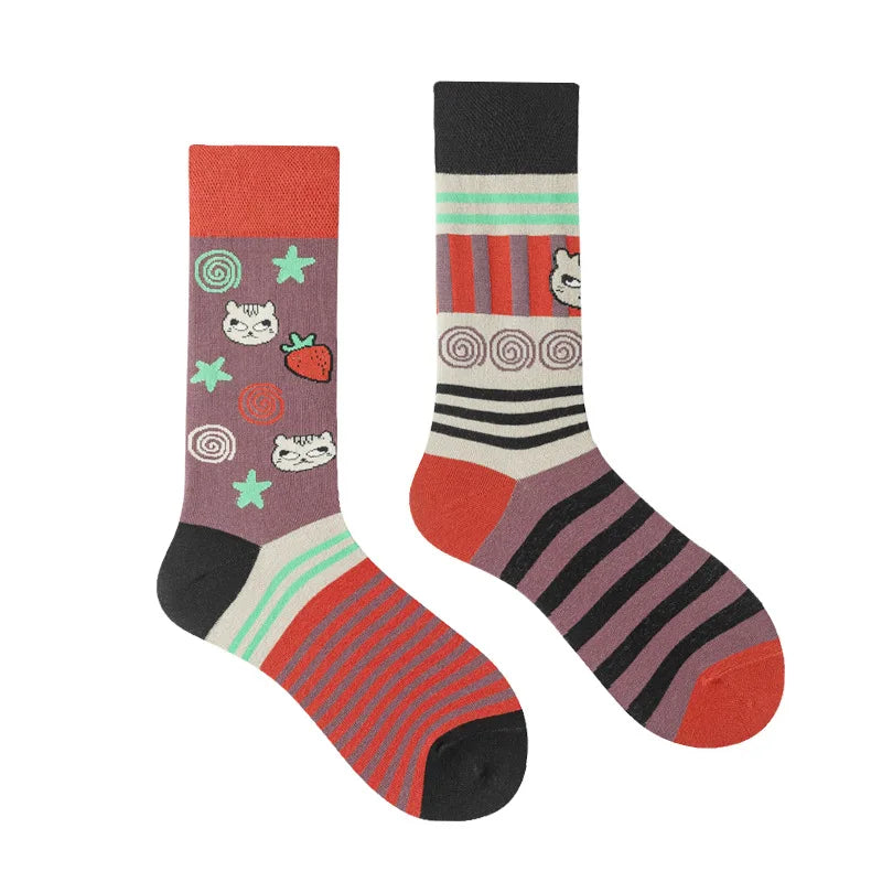 Colorful socks with patterns on a white background