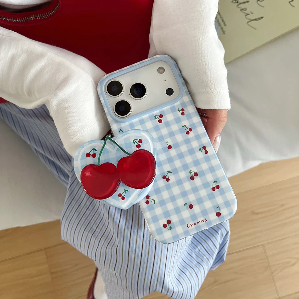 3D Cute Cherry Blue Grid Pattern Magnetic Grip Tok Phone Cases for iPhone 17pro 15 16 pro max Wireless Charge For Magsafe Cover - Ice Cream Cake