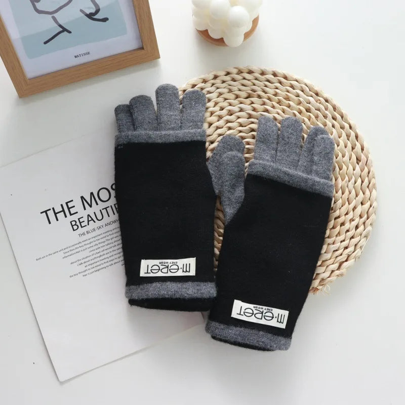 Thickened Leaky Finger Korean Style Ladies Dual-Use Color Matching Knitted Fashion Touch Screen Finger Knitting Wool Gloves - Ice Cream Cake