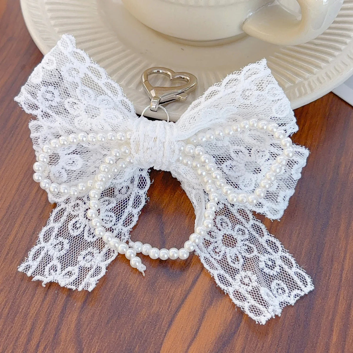 Lace and Faux Pearl Bow Clip-On Keychain Charm