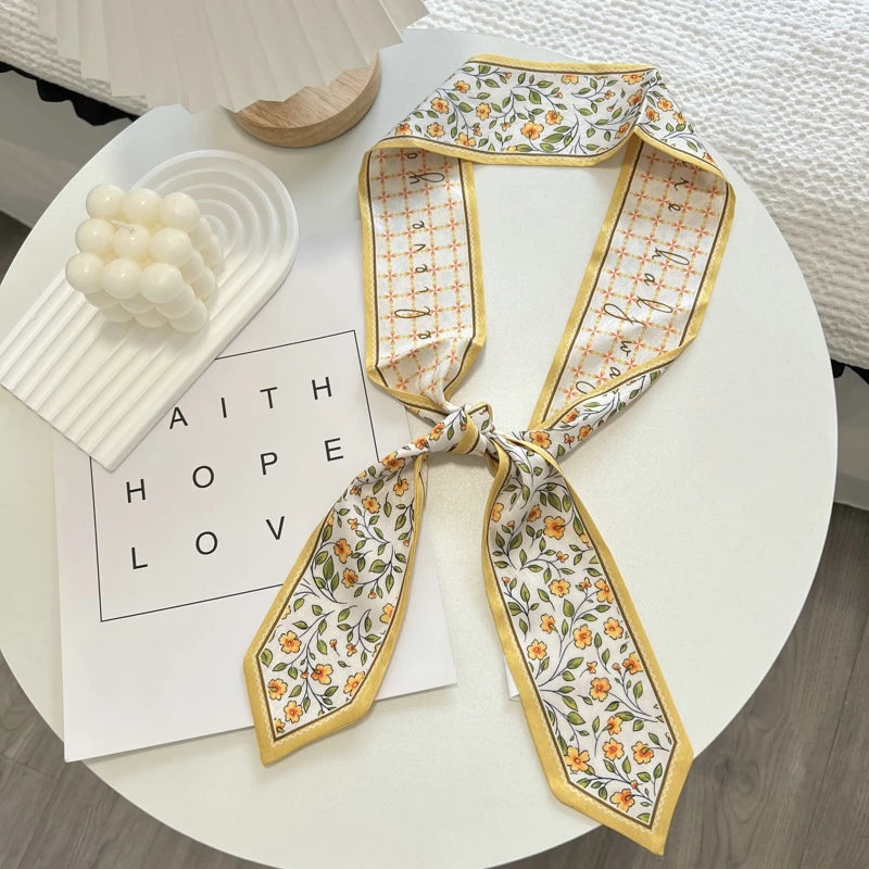 High-Grade Flower Print Long Silk Scarf Hair Band Ribbon Tied-up Hair Long Bow Vintage Satin Ribbon Hair Accessories For Women - Ice Cream Cake