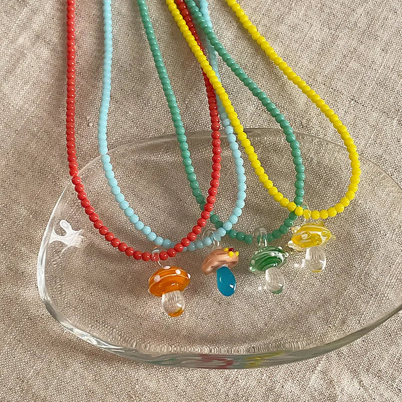 Beaded Mushroom Charm Necklace