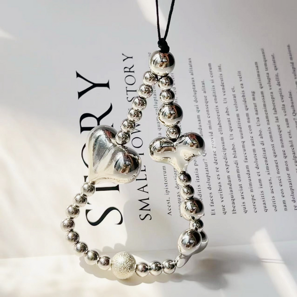 Silver Heart Beads Charm Phone Strap