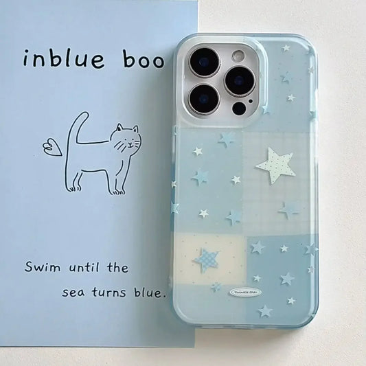 Phone case with star design and 'inblue boo' branding on a light blue background