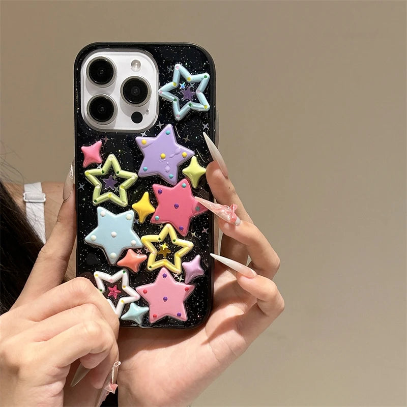 Bling 3D Dopamine Stars Phone Case for iPhone 16 15 14 13 Plus 12 Pro Max 11 Glitter Colorfur Transparent Cover Cases - Ice Cream Cake