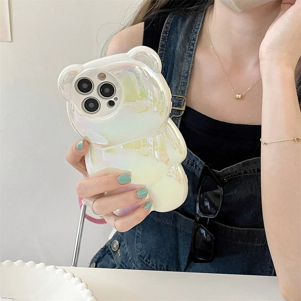 Ins Cute 3D Aurora Cartoon Bear Case For iPhone 11 13 12 14 15 16 17 Pro Max Plus Air Colorful Laser Rainbow Gradient Soft Cover - Ice Cream Cake