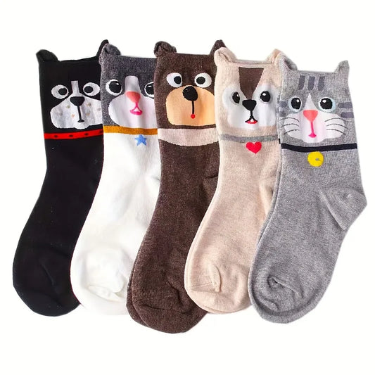 Five pairs of cartoon animal socks on a white background