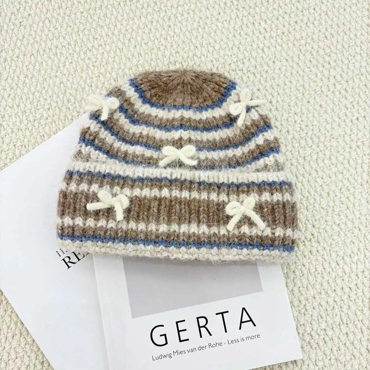 Bow Detail Striped Knit Beanie