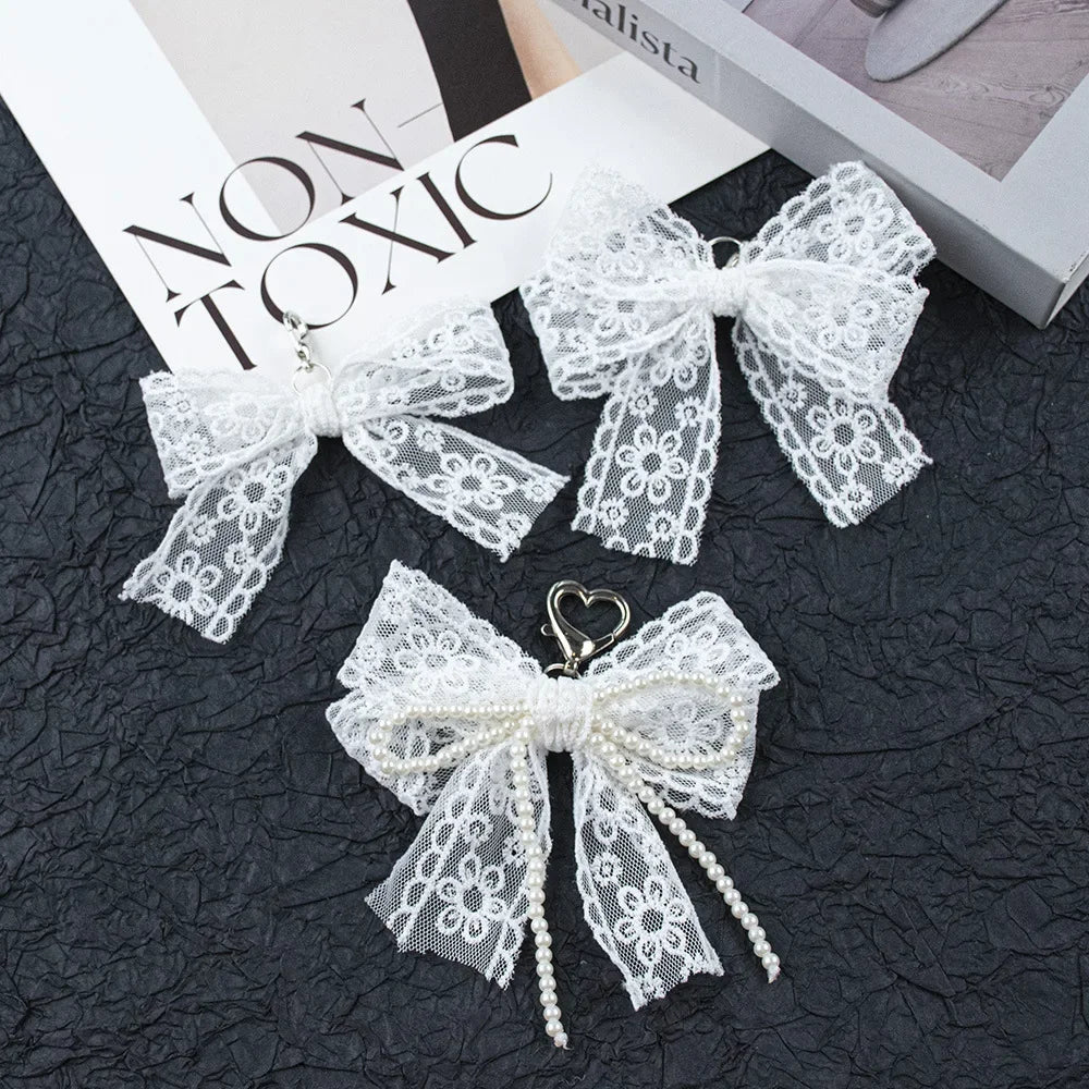 Lace and Faux Pearl Bow Clip-On Keychain Charm