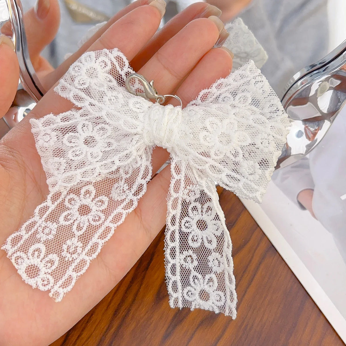 Lace and Faux Pearl Bow Clip-On Keychain Charm