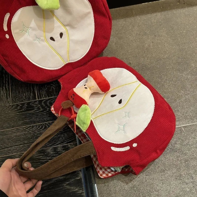 Red Apple Handbag Creative Cute Corduroy Shoulder Bag Stylish Outing Canvas Bag With Apple Pendant Casual Versatile Shoulder Bag - Ice Cream Cake