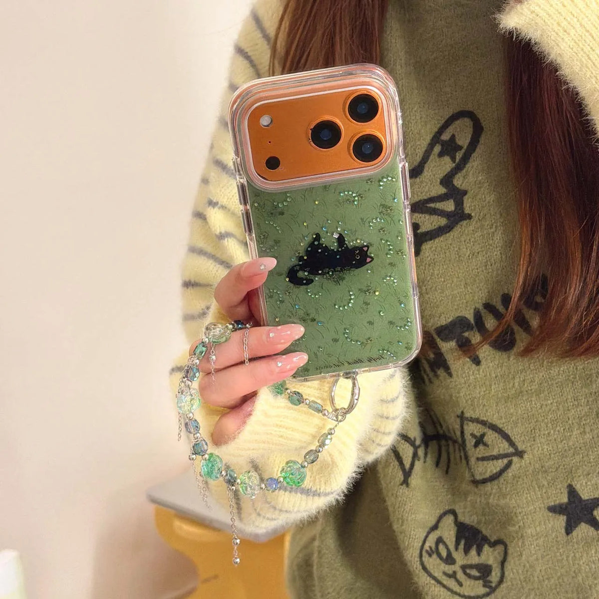 Grassy Glitter Black Cat iPhone Case