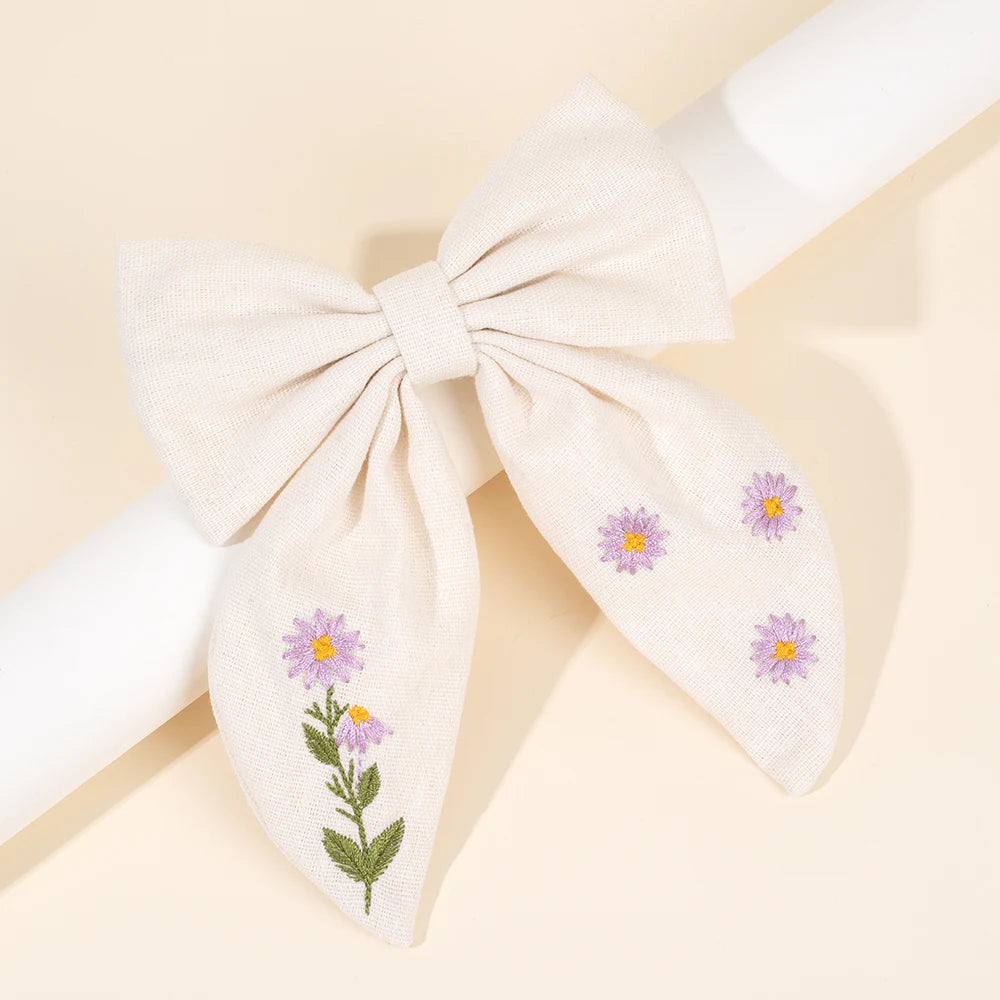 Daisy Embroidery Hair Ribbon Bow Clip