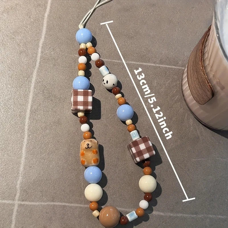 Korea Cute Brown Puppy Grid Block Blue Bead Beaded Phone Chain Charm Lanyard For iPhone 16 Samsung Universal Accessories Jewelry - Ice Cream Cake