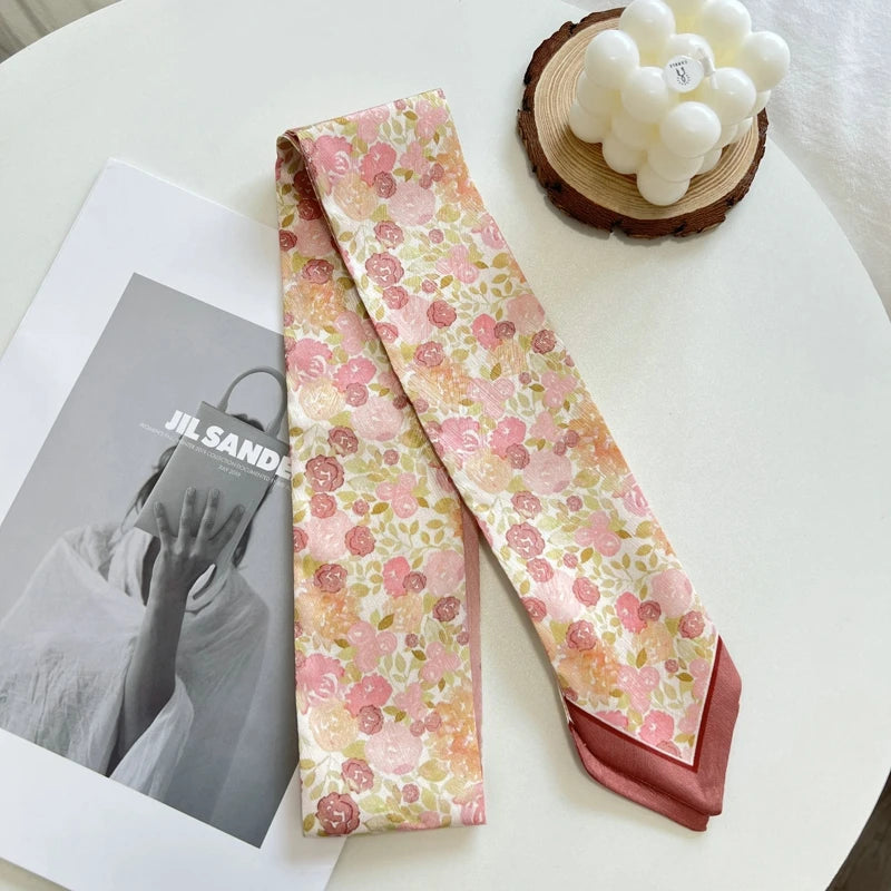 New Long Bag Scarf Women Hair Band Lady Accessories Print Skinny Scarves Headband Satin Ribbon Neck Tie Decorative Bag Scarves - Ice Cream Cake