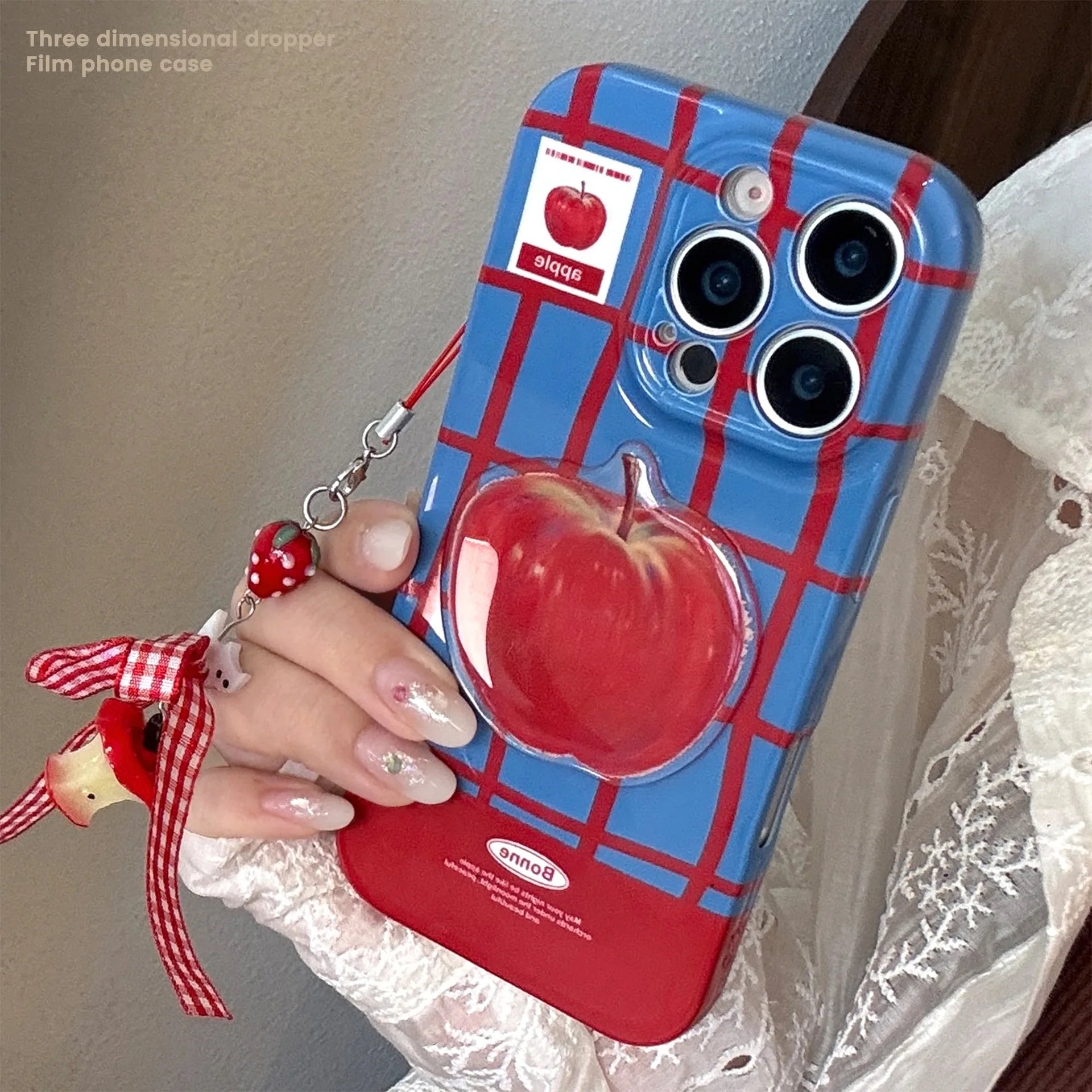 Korean Cute 3D Red Apple Lattice Phone Case With Chain For iPhone 17 16 15 14 13 12 11 Pro Max XS XR X 7 8 Plus Shockproof Cover - Ice Cream Cake