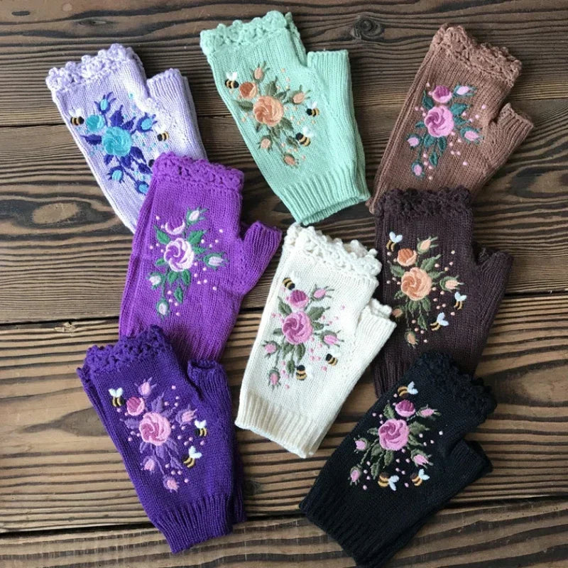Half Finger Gloves Women Knitted Fingerless Winter Gloves Soft Crochet Bee Knitting Faux Wool Fingerless Gloves Wrist Warmer - Ice Cream Cake