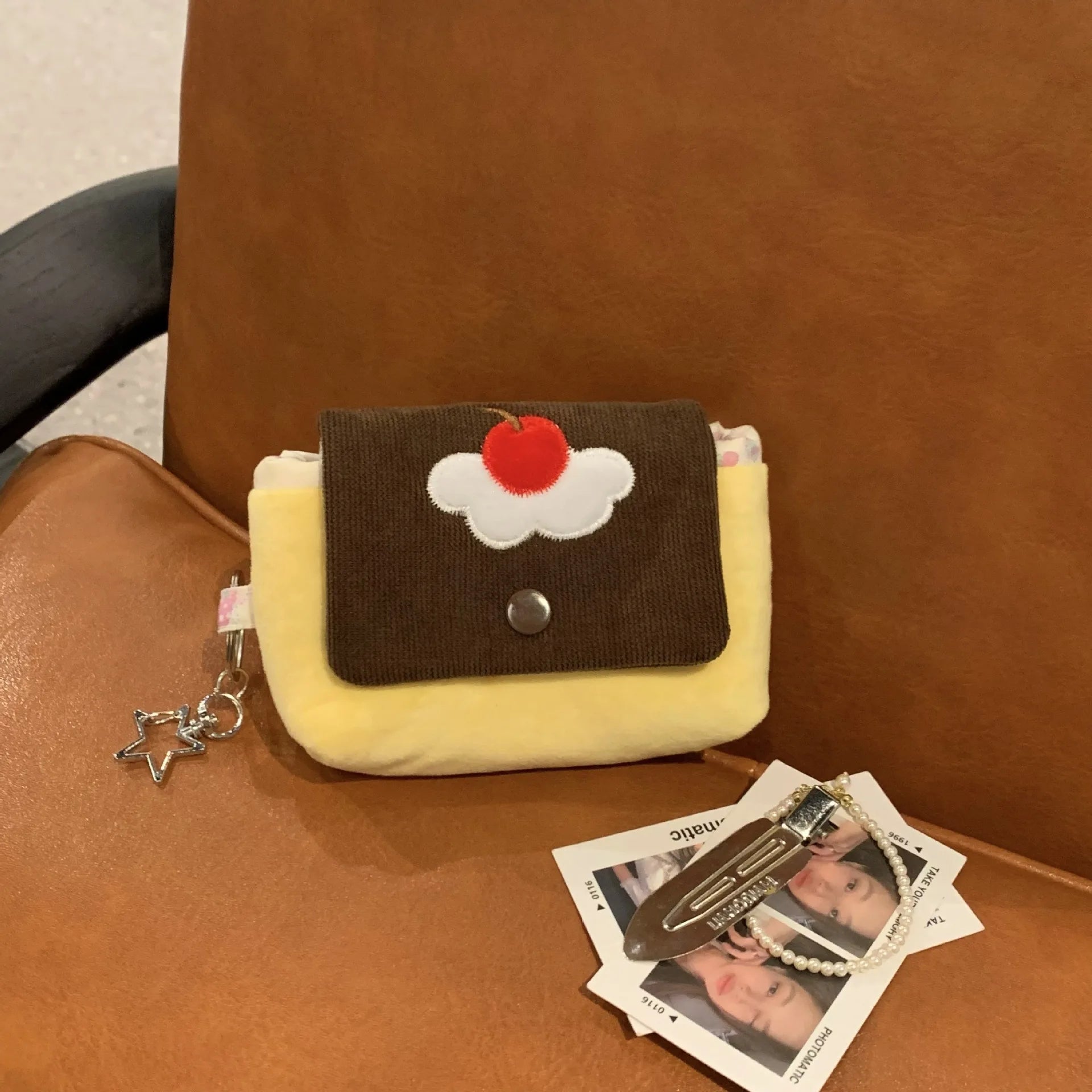 Multifunctional Small Pouch for Girls Cute Cherry Pudding Plush Coin Purse Mini Cartoon Portable Wallet for Cards Earphones Case - Ice Cream Cake