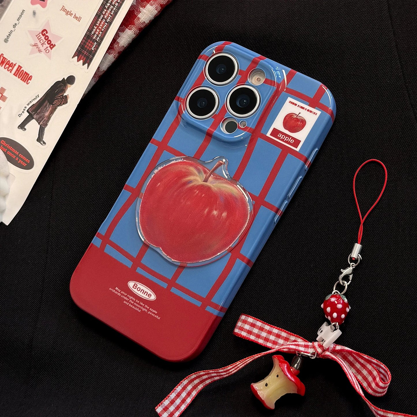 Korean Cute 3D Red Apple Lattice Phone Case With Chain For iPhone 17 16 15 14 13 12 11 Pro Max XS XR X 7 8 Plus Shockproof Cover - Ice Cream Cake