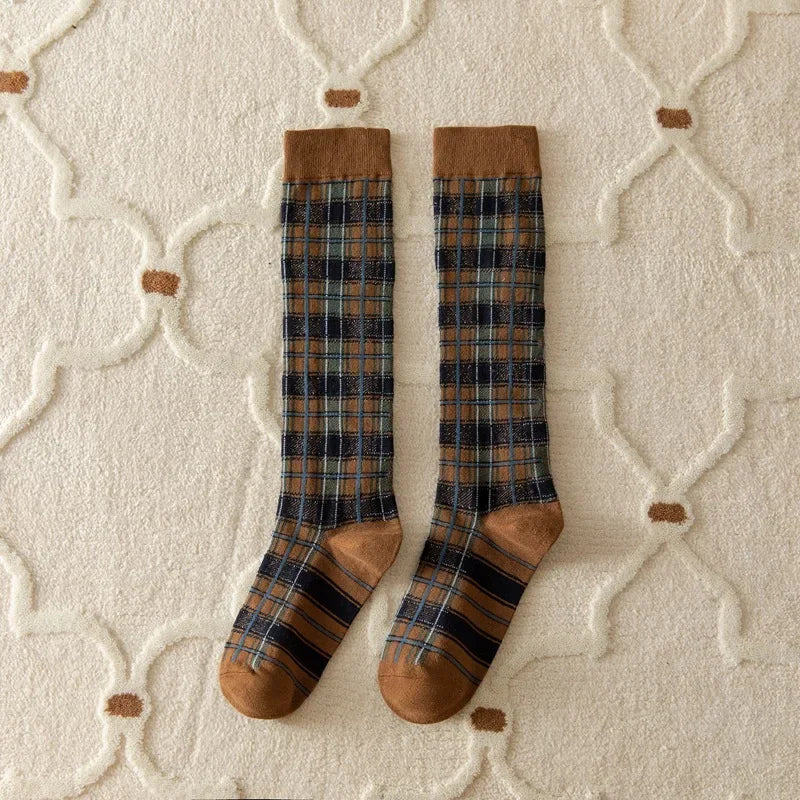 Plaid Long Socks Stocking Women Stockings Harajuku Retro Vintage JK School Girls Cotton Knee Socks Women Stockings College Style - Ice Cream Cake