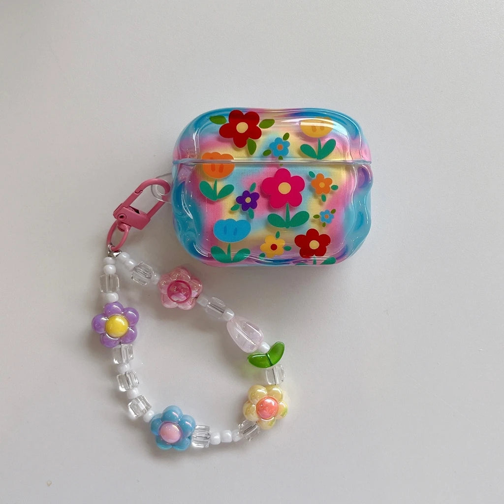 Fashion Dopamine Colorful Flower Print With Beaded Charm Pendant Protect Earphone Cover Case for AirPods 1 or 2 3 4 Pro 2 Pro 3 - Ice Cream Cake
