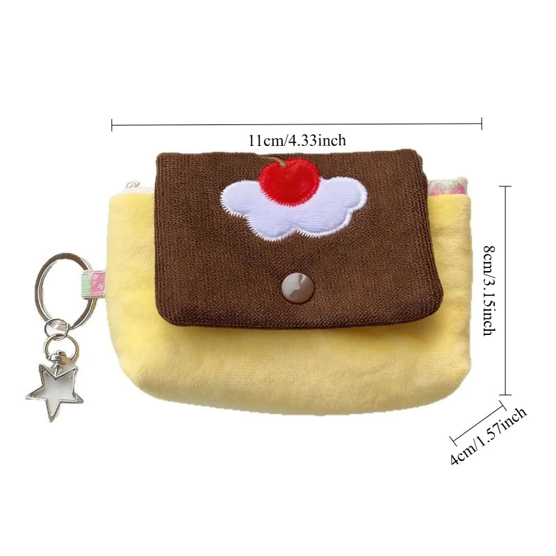 Multifunctional Small Pouch for Girls Cute Cherry Pudding Plush Coin Purse Mini Cartoon Portable Wallet for Cards Earphones Case - Ice Cream Cake
