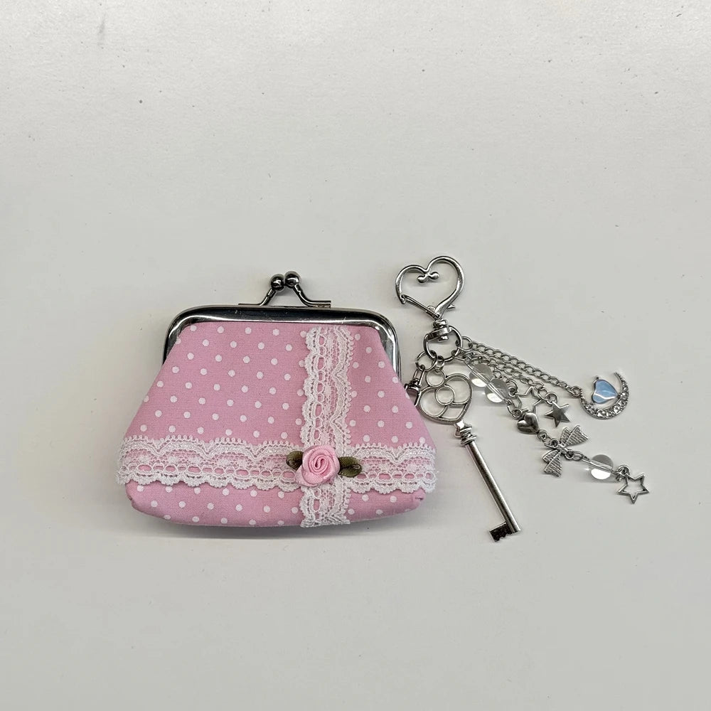 Cute Y2k Coin Purses Lady Small Wallet Wave Dot Handmade Lace Showa Rose Vintage Bag Hanging Pendant Earphone Bag Wallet - Ice Cream Cake