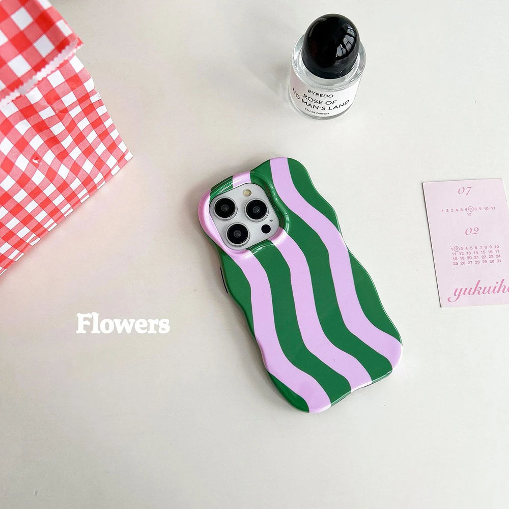 Fashion 2 in 1 Glossy Stripes Phone Case for iPhone 13 14 15 16 17 Pro Max Wave Edges Comfortable Touch Hard Slim Back Cover - Ice Cream Cake