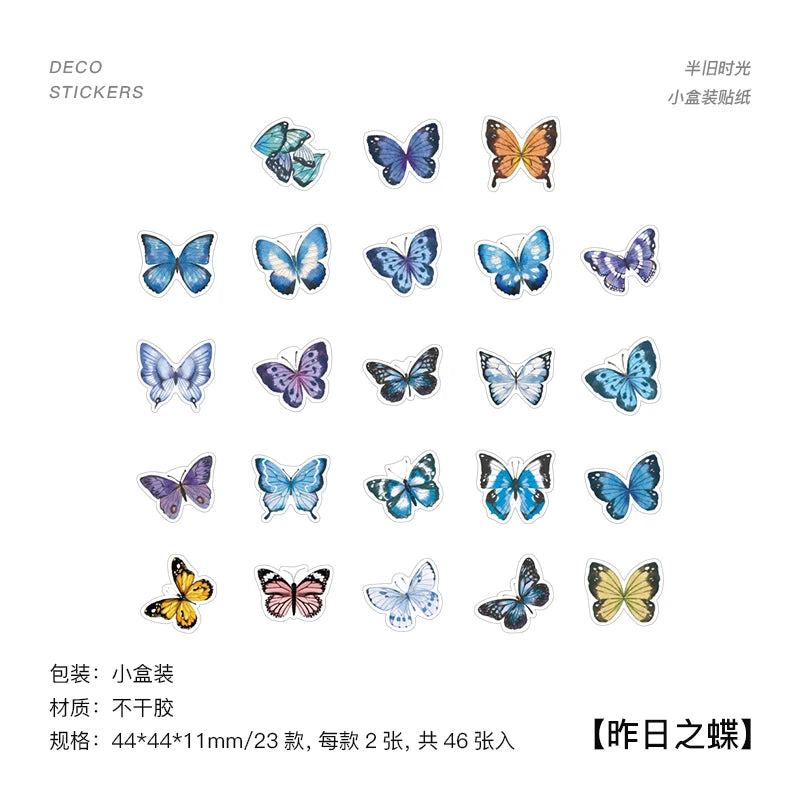 A sheet of decorative butterfly stickers arranged in rows on a white background, with Chinese text at the top right and bottom left describing the pack size and dimensions.