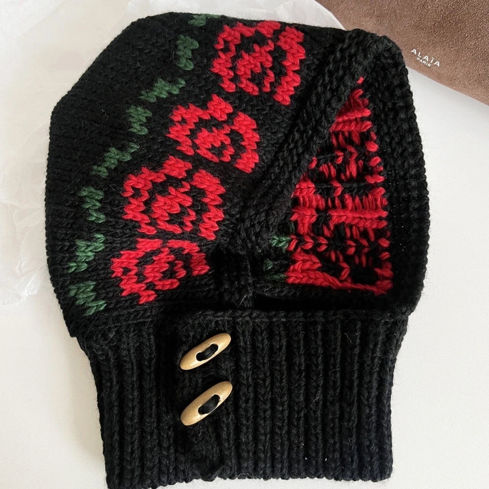 Rose Detail Knitted Duffle Button Balaclava