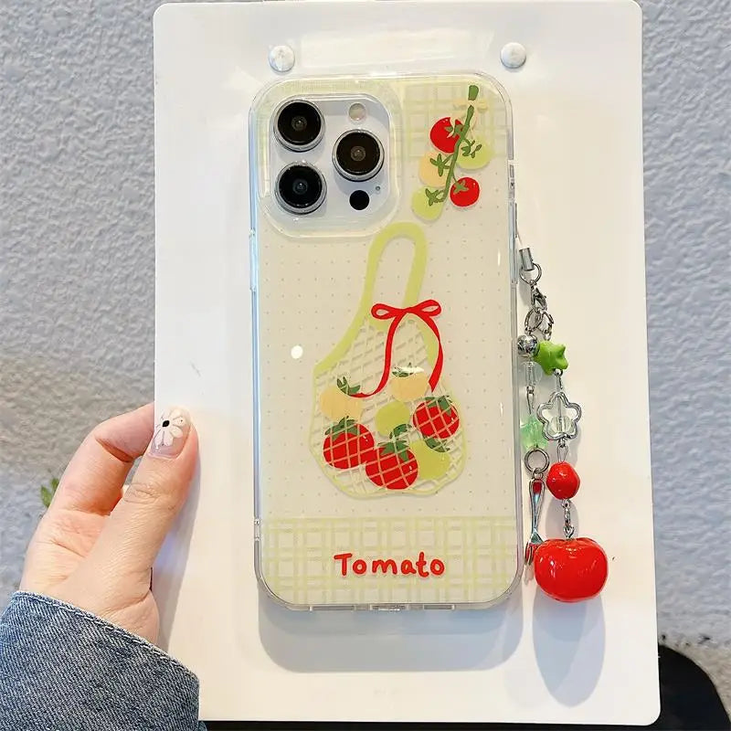 Korean Cute Shopping Bag Phone Case For iPhone 17 16 15 14 13 12 11 Pro Max 16E 17Air 7 8 Plus With Red Tomato Pendants Cover - Ice Cream Cake