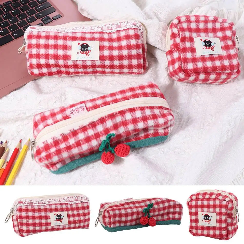 Winter Cat Gingham Zipper Pouch - Ice Cream Cake
