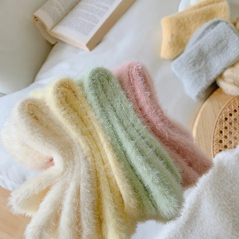 Female Mink Fur Snow-ground Knee Socks, Winter and Autumn Thickened and Warmened Padded Socks, Floor Sleeping Socks - Ice Cream Cake