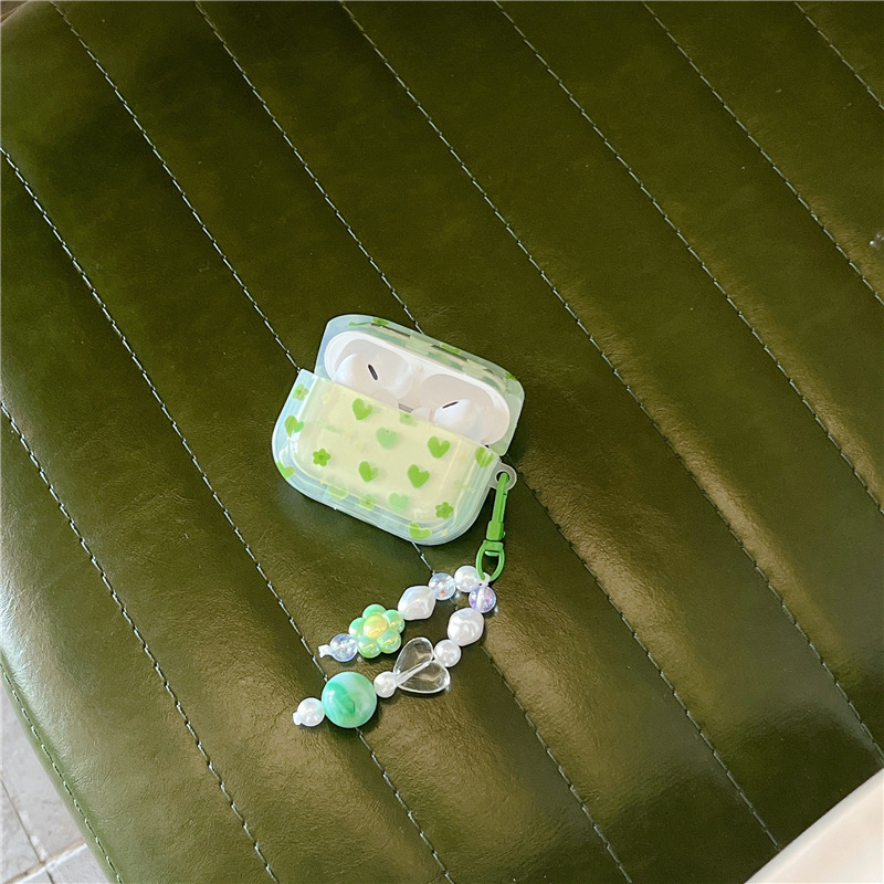 Green Hearts AirPods Case Cover Wth Charm Strap