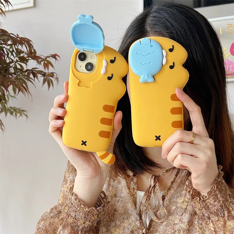 3D Cute Cat Eat Fish Silicone Phone Case For iPhone 17ProMax 17 16 15 14 13 12 Pro Max Funny Cartoon Camera Protection Cover - Ice Cream Cake