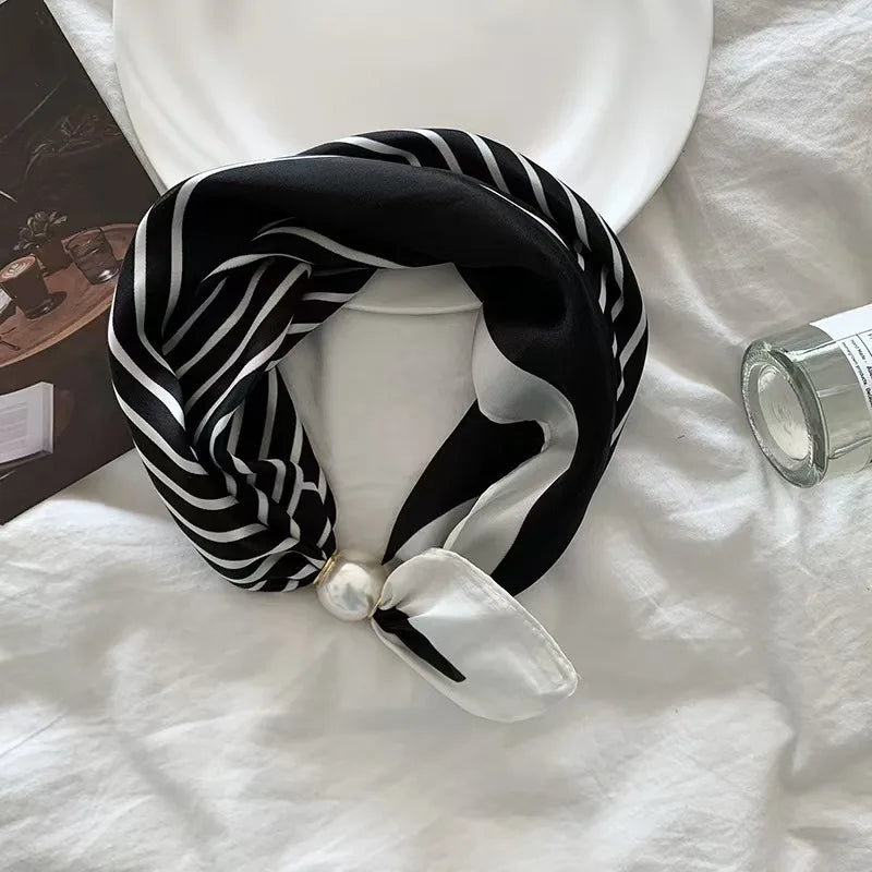 Spring Summer Thin Pearl Silk Scarves Magnetic Buckle Lazy Scarf Women Girls Sweet Elegant Pendant Collarbone Chain Neck Scarf - Ice Cream Cake