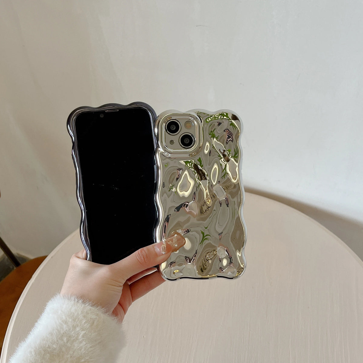Luxury Wavy 3D Meteorite Texture Plating Silver Case for iPhone 11 12 13 14 15 Pro Max Anti-Fall Full Protection Glossy Cover - Ice Cream Cake