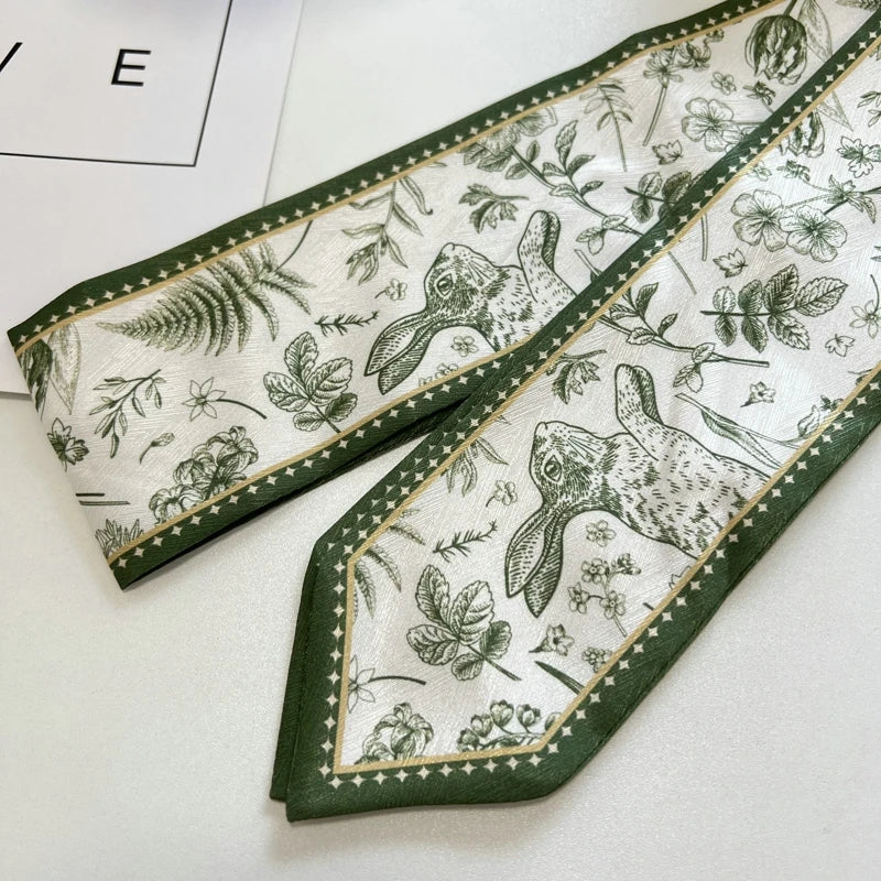 High-Grade Flower Print Long Silk Scarf Hair Band Ribbon Tied-up Hair Long Bow Vintage Satin Ribbon Hair Accessories For Women - Ice Cream Cake