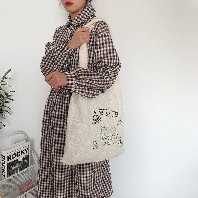 Teddy Fur Tote with Bunny Friends Embroidery