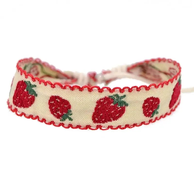 Boho Strawberry Flower Embroidered Bracelet Handmade Braided Bracelet Friendship Wrap Bracelets Thread Woven Wristbands - Ice Cream Cake