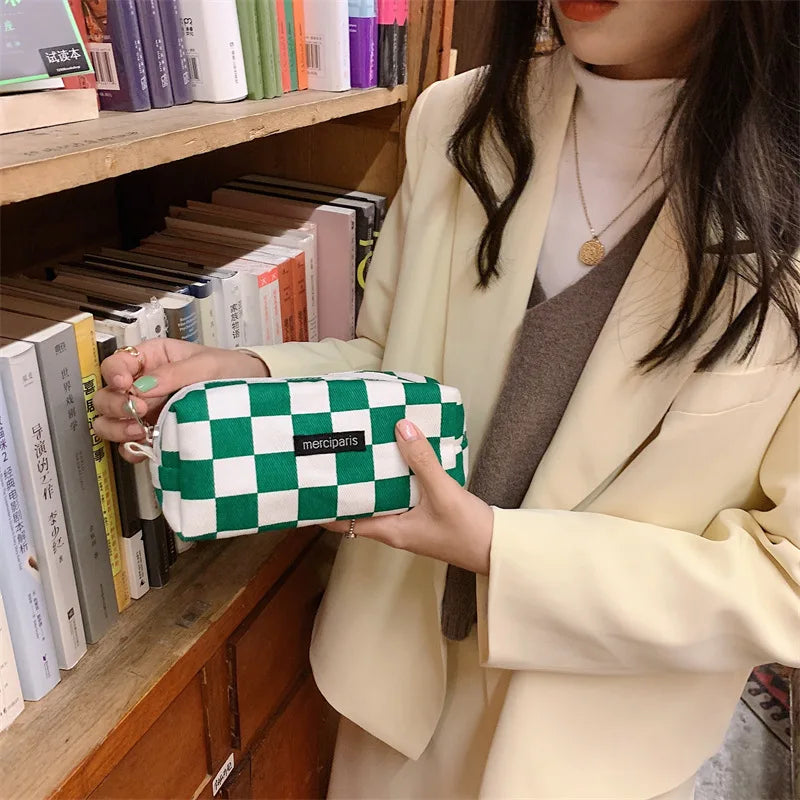 Korean Fashion Plaid Travel Makeup Kits Cosmetic Storage Bag Women Handbags Wallet Organizer Cute School Pencil Cases Pouch Bags - Ice Cream Cake