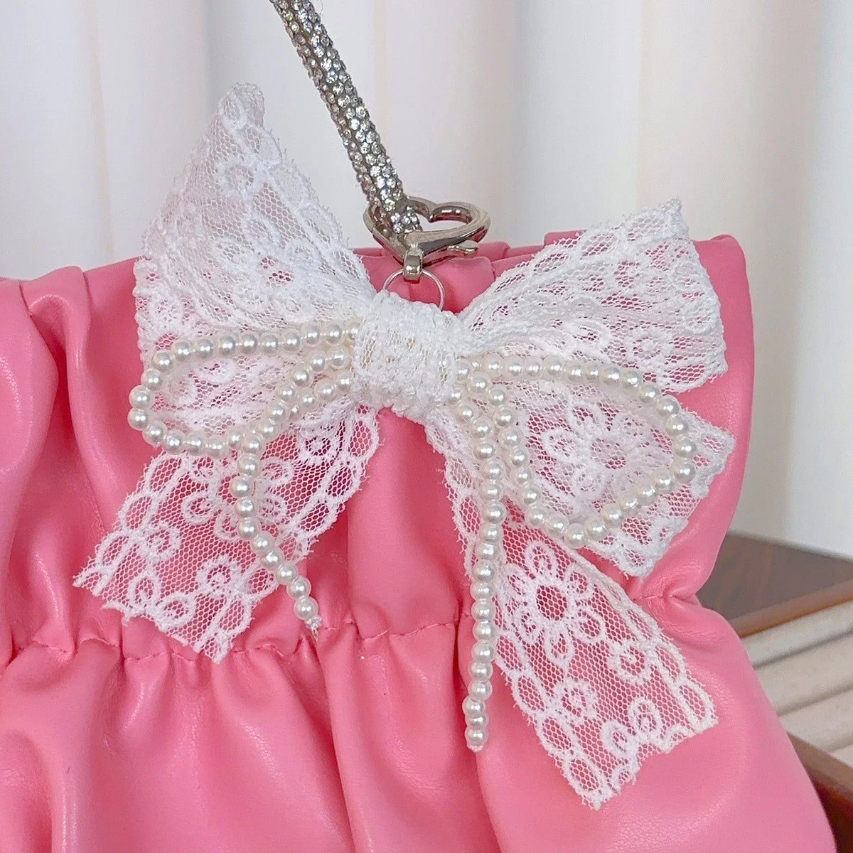 Lace and Faux Pearl Bow Clip-On Keychain Charm