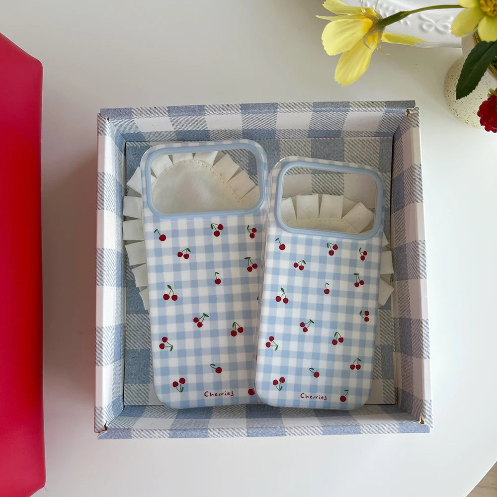 3D Cute Cherry Blue Grid Pattern Magnetic Grip Tok Phone Cases for iPhone 17pro 15 16 pro max Wireless Charge For Magsafe Cover - Ice Cream Cake