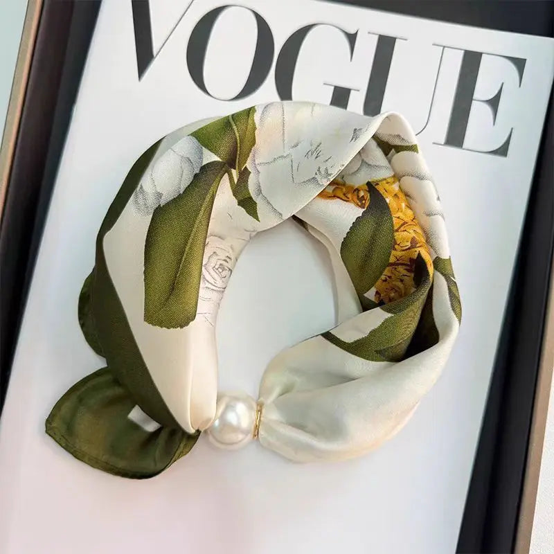 Spring Summer Thin Pearl Silk Scarves Magnetic Buckle Lazy Scarf Women Girls Sweet Elegant Pendant Collarbone Chain Neck Scarf - Ice Cream Cake